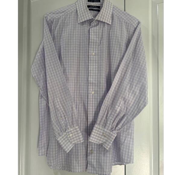 SAKS FIFTH AVENUE Dress Shirt White Purple Checkered Size 16.5 32/33 - Picture 1 of 3